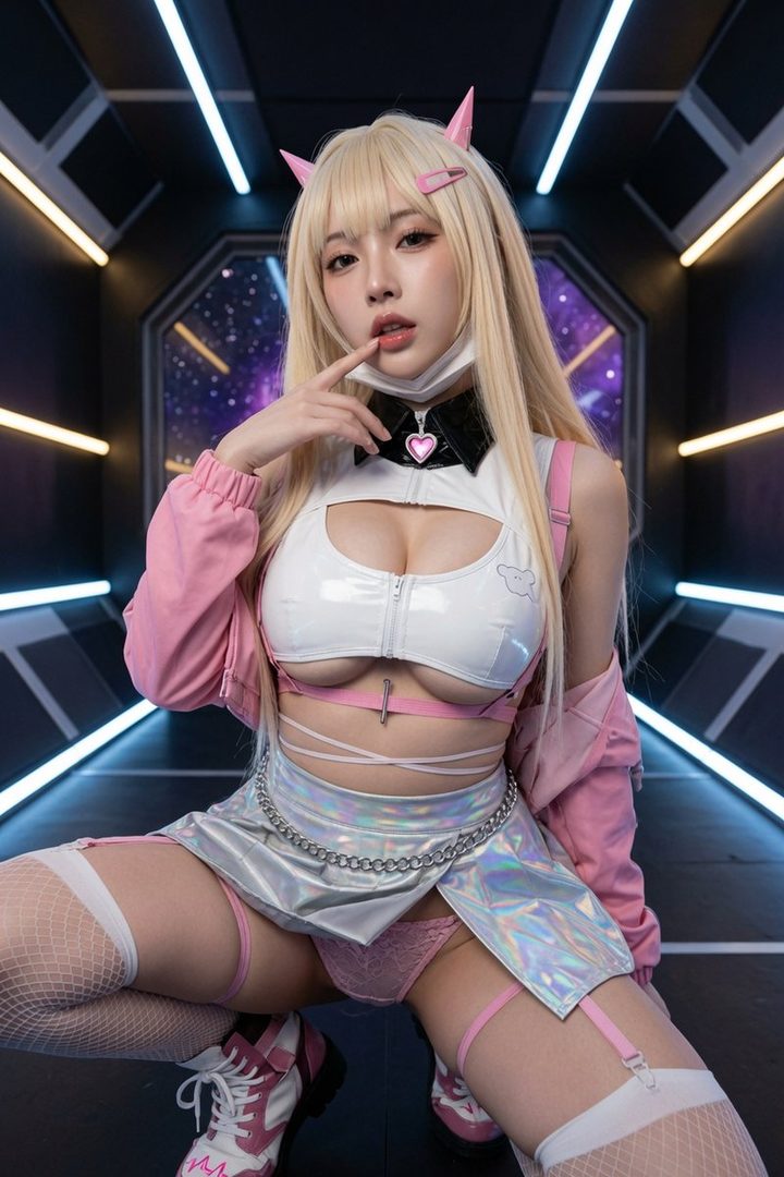 A blonde woman in a revealing pink and white outfit with cat ears poses in a futuristic setting.