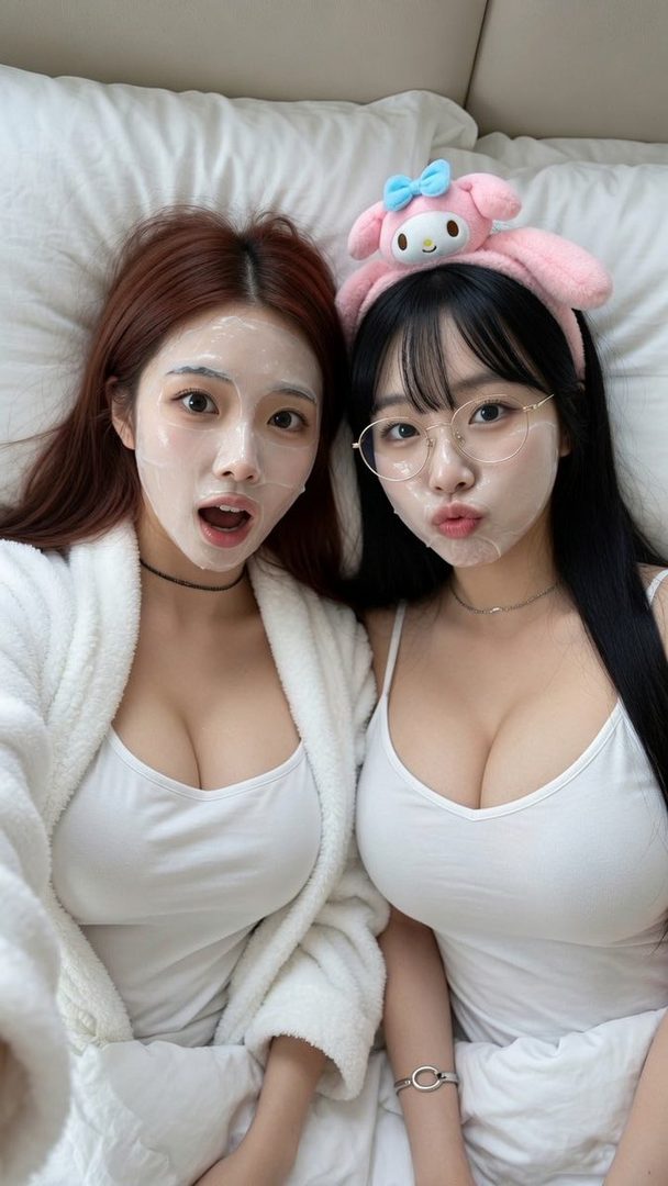Two young women with face masks and tank tops are taking a selfie in bed.