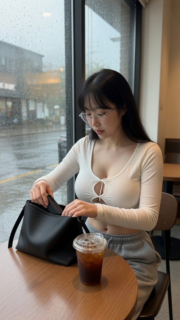 A young woman with long black hair and glasses is sitting at a cafe table, looking into her black handbag, with a cold drink next to her and a rainy window in the background.