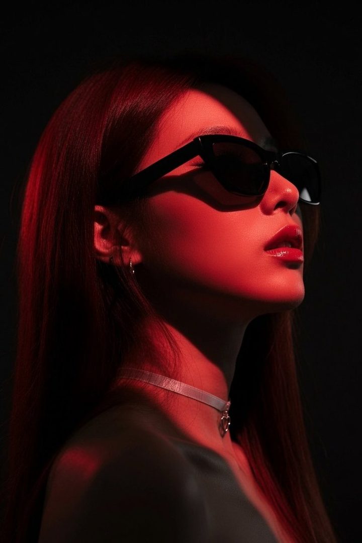 A woman with long red hair and sunglasses is illuminated by red light against a dark background.