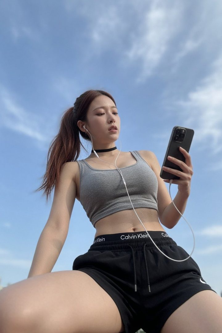 A young woman in sportswear with a ponytail and earphones looks at her phone outdoors under a clear blue sky.