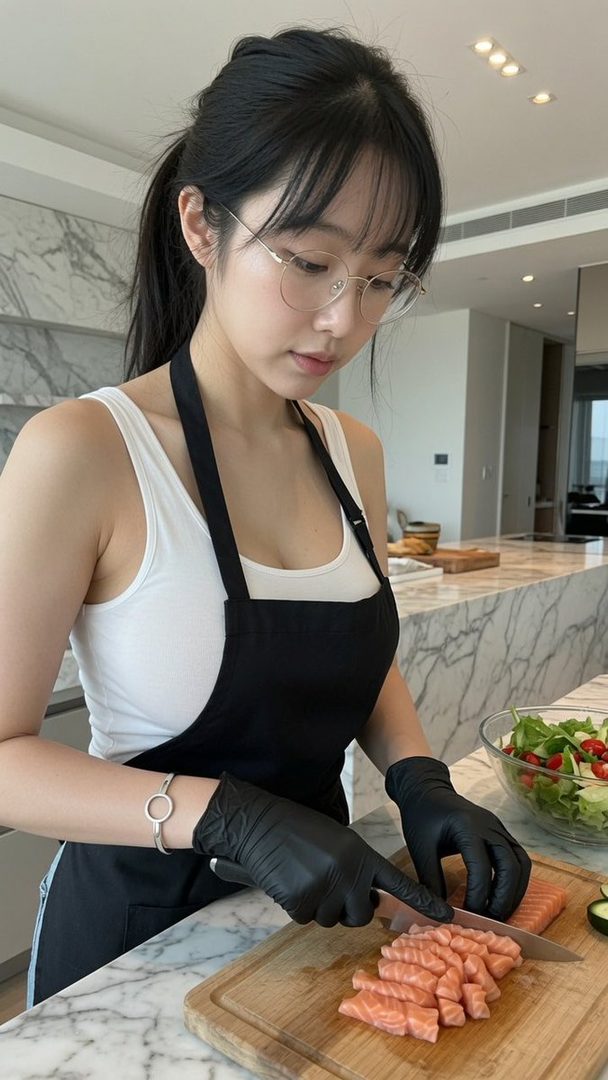 A young woman with black hair and glasses, wearing a white tank top and black apron, is preparing food in a modern kitchen.