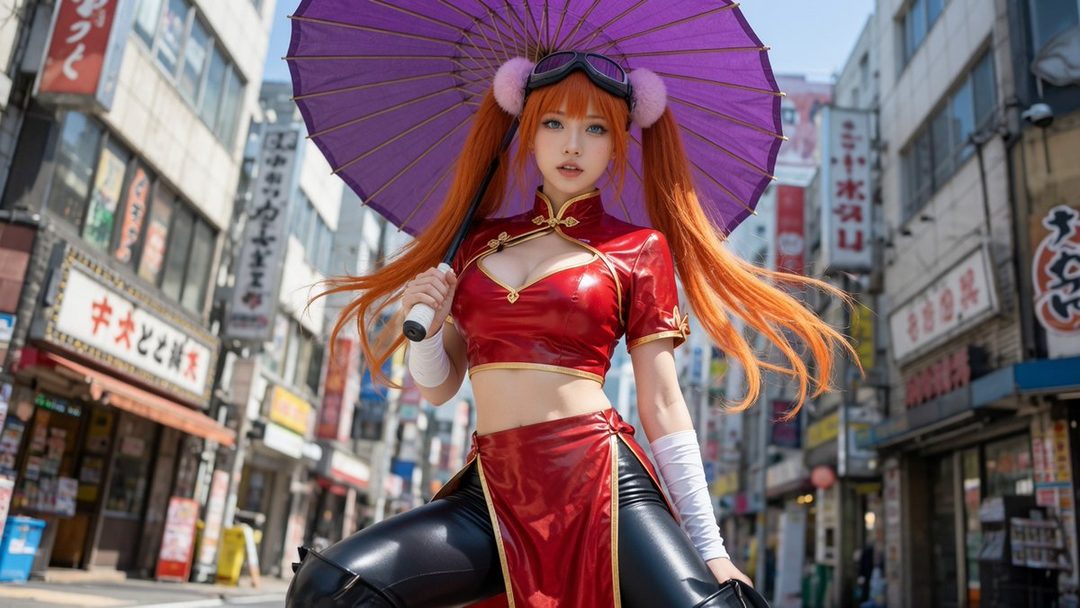 A photorealistic AI-generated image of a woman cosplaying as Kagura from Gintama, wearing a red cheongsam-style top and black pants, holding a purple umbrella on a city street.