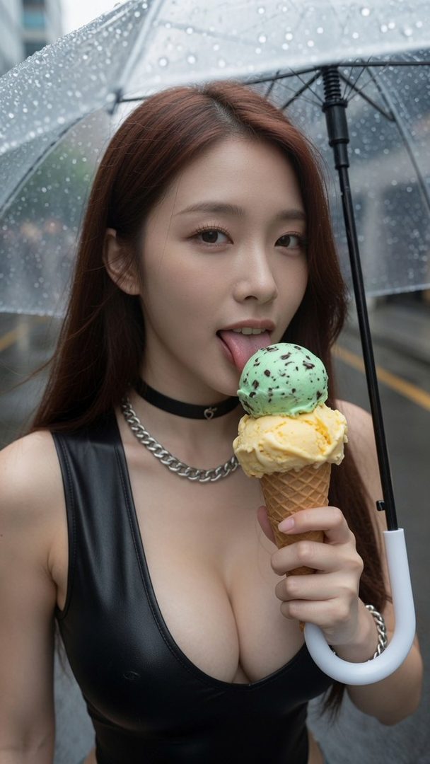 A woman in a black top licks a double-scoop ice cream cone under a clear umbrella in the rain.