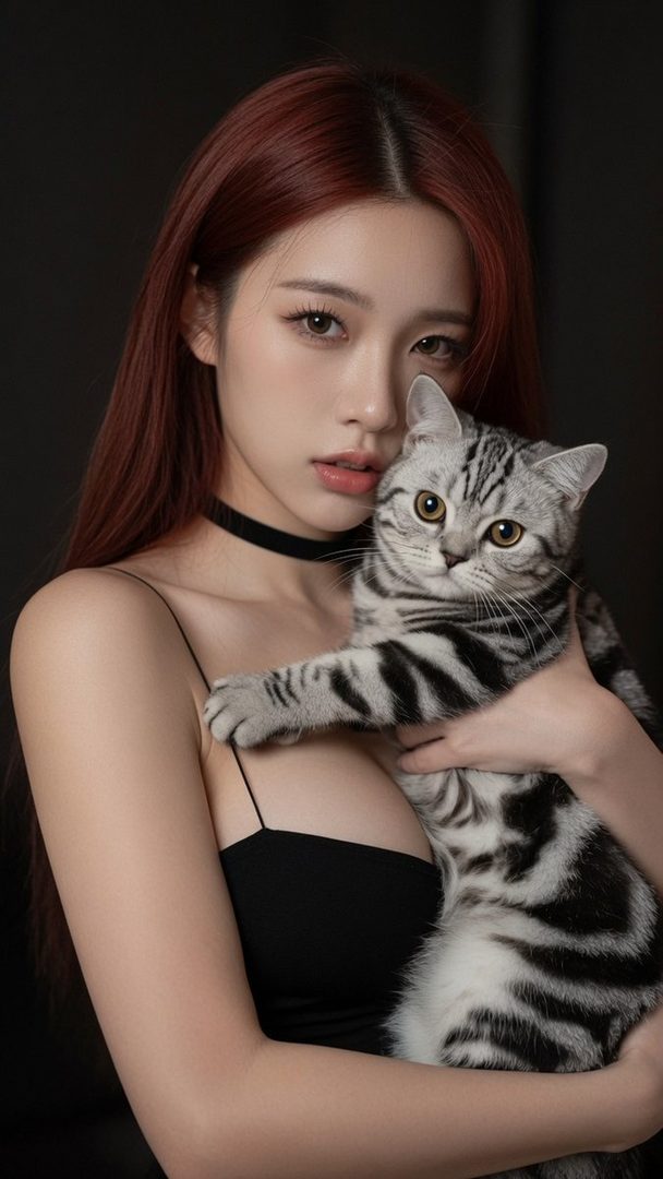 A photorealistic portrait of a woman with long red hair holding a tabby cat.