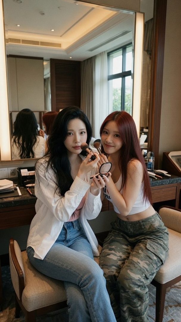 Two young women are sitting in front of a mirror, one with black hair holding a makeup brush to her face, and the other with red hair smiling and holding a makeup compact.