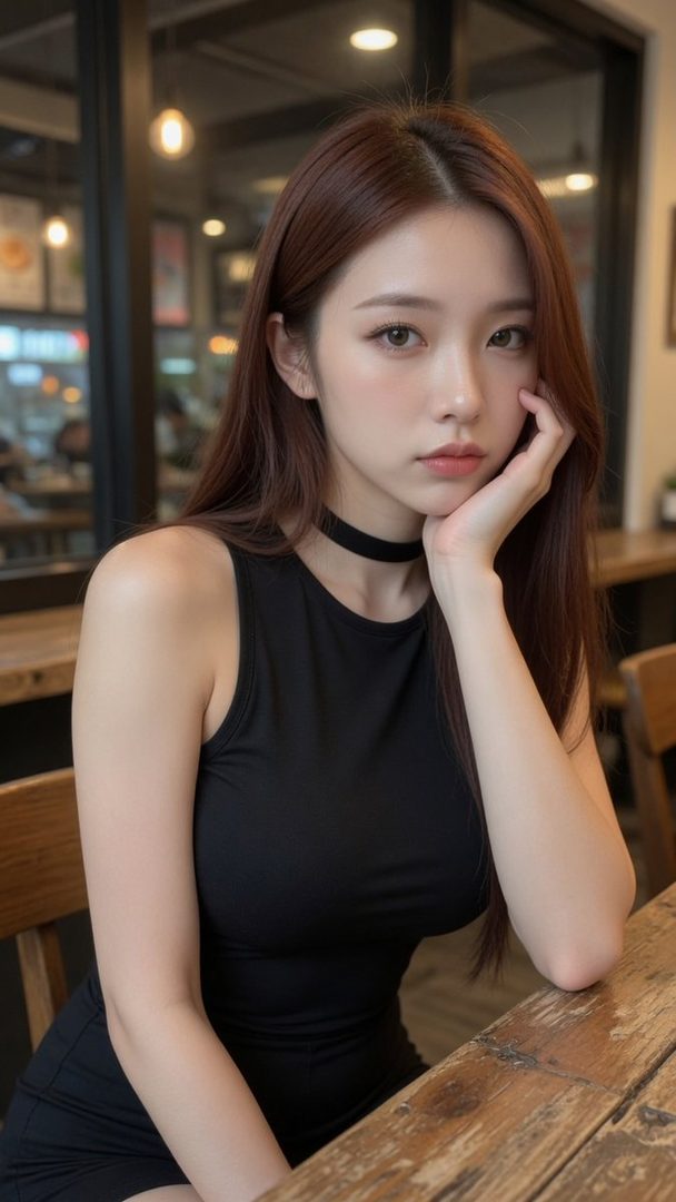 A photorealistic portrait of a young East Asian woman with long brown hair, wearing a black sleeveless top and a choker, sitting at a wooden table indoors.