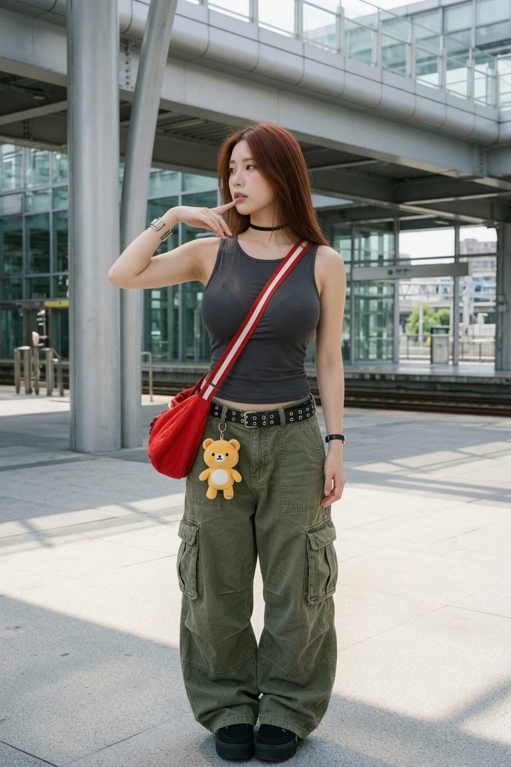 A young woman with long brown hair, wearing a gray tank top and green cargo pants, stands on a street with a red bag and a teddy bear charm.