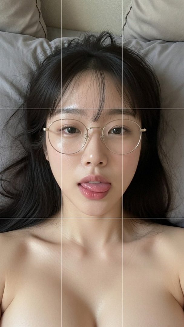 A close-up selfie of a woman with black hair and glasses, lying down and sticking out her tongue.