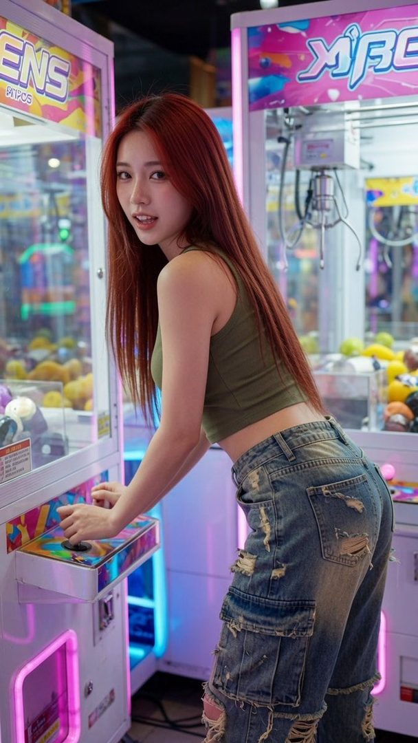 A young woman with long red hair and a green crop top plays an arcade claw machine.