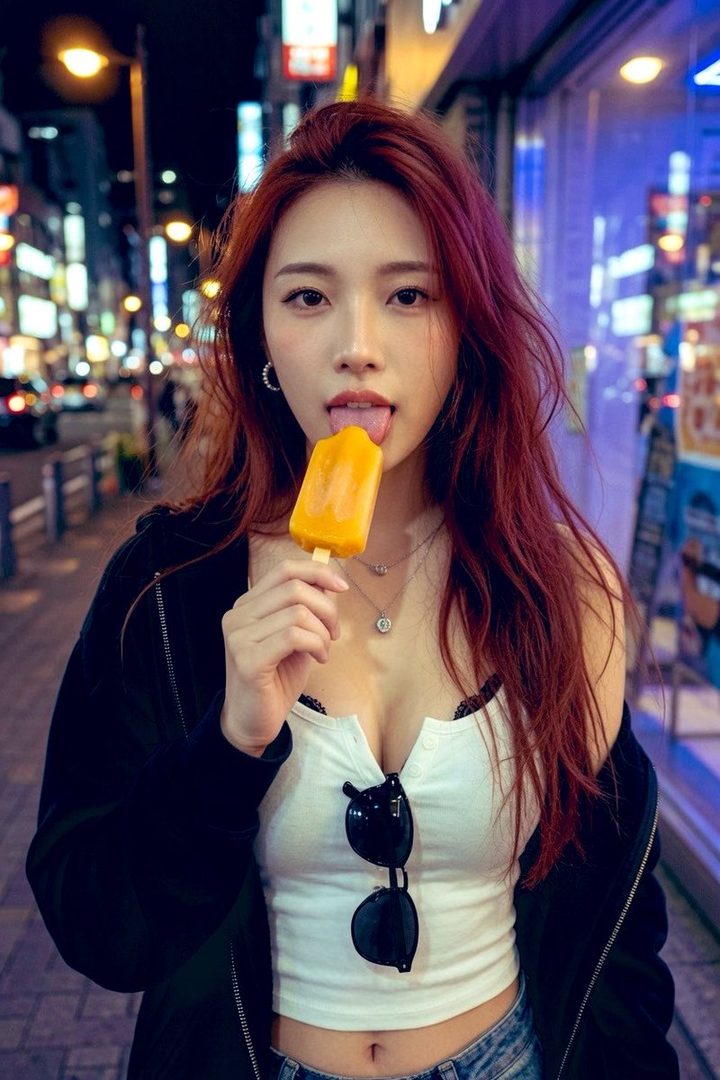A young woman with long red hair licks an orange popsicle on a city street at night.