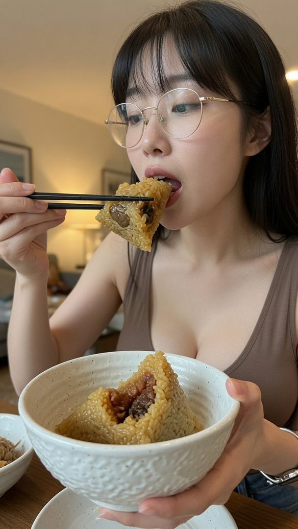 A young woman with black hair and glasses is eating zongzi with chopsticks, holding a bowl in her other hand.