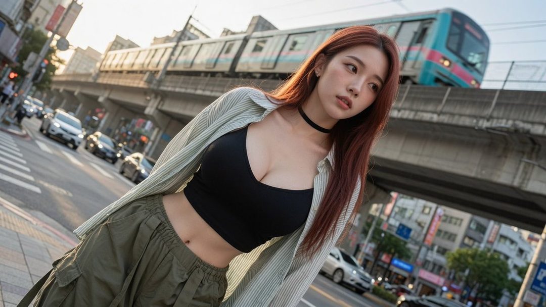 A young woman with long red hair and a black crop top stands on a city street with an elevated train passing in the background.