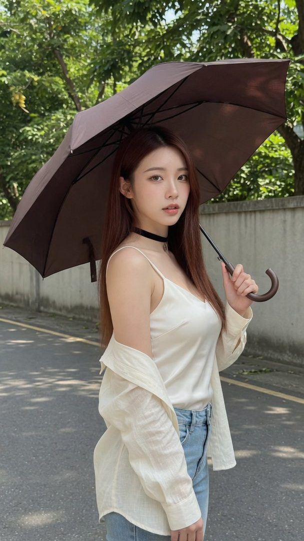 A young woman with long brown hair holds an umbrella while standing on a street.