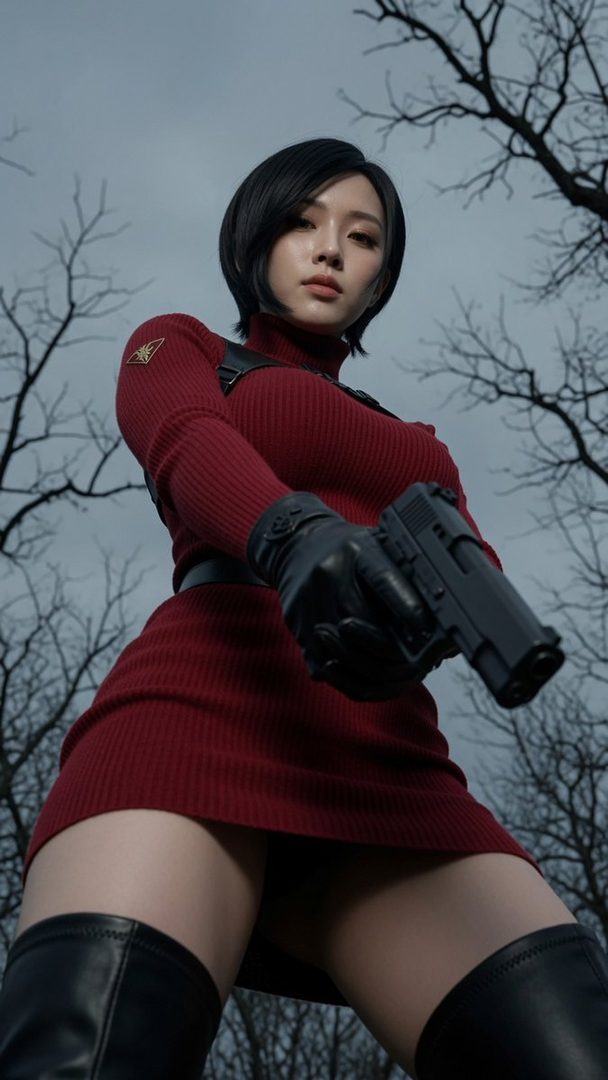 A photorealistic AI-generated image of a woman cosplaying as Ada Wong from Resident Evil, wearing a red dress and black boots, holding a gun, with a dark, cloudy sky and bare trees in the background.