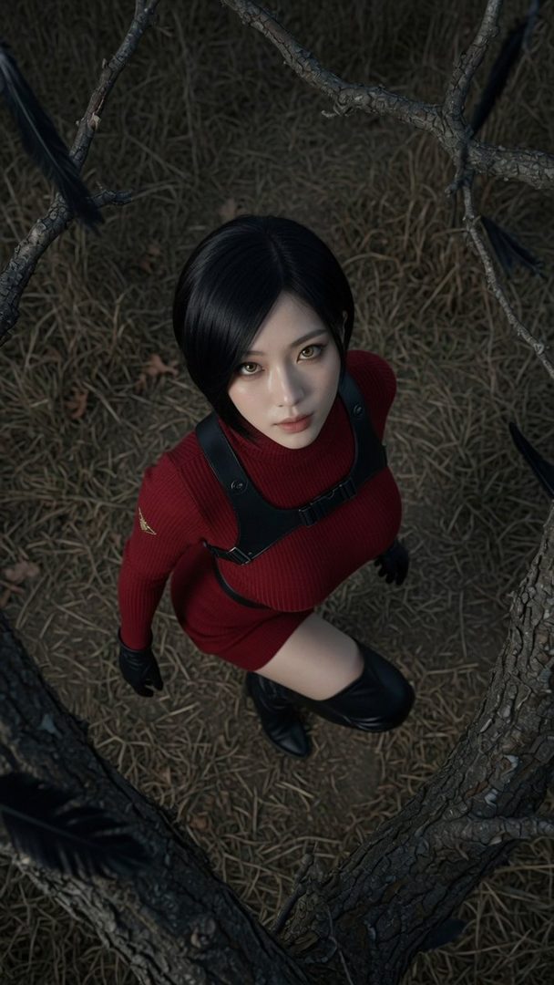 A photorealistic AI-generated image of a woman cosplaying as Ada Wong from Resident Evil, wearing a red dress and black harness, looking up at the camera from a low angle in a dark outdoor setting.
