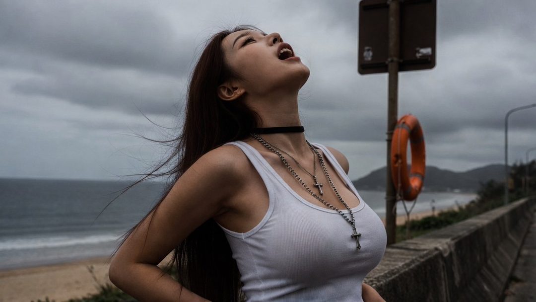 A woman with long brown hair and a white tank top looks up with her mouth open, standing by a beach road under a cloudy sky.
