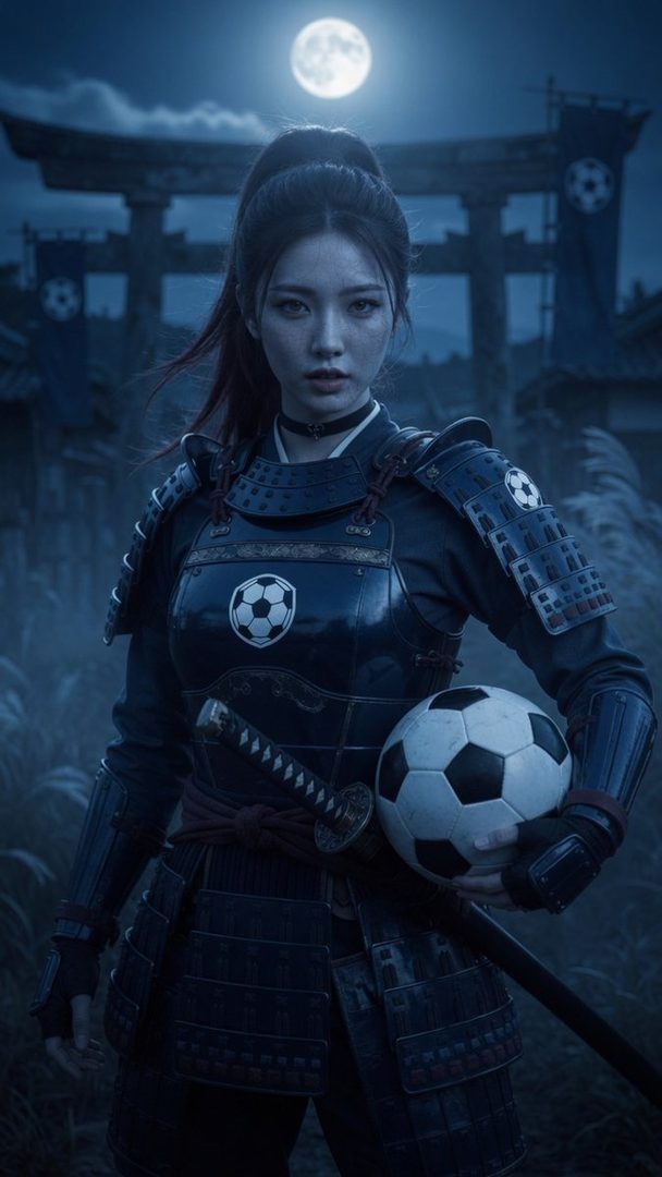 A woman in samurai armor with soccer ball emblems holds a soccer ball and a katana under a full moon.