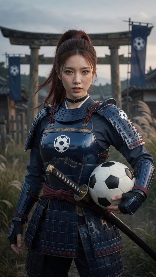 A woman in samurai armor with soccer ball motifs holds a soccer ball and a katana, standing in front of a Japanese torii gate.