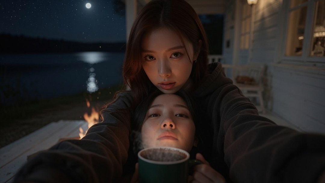 Two women are sitting by a campfire at night, with one holding a steaming mug and the other resting her head on the first's shoulder.