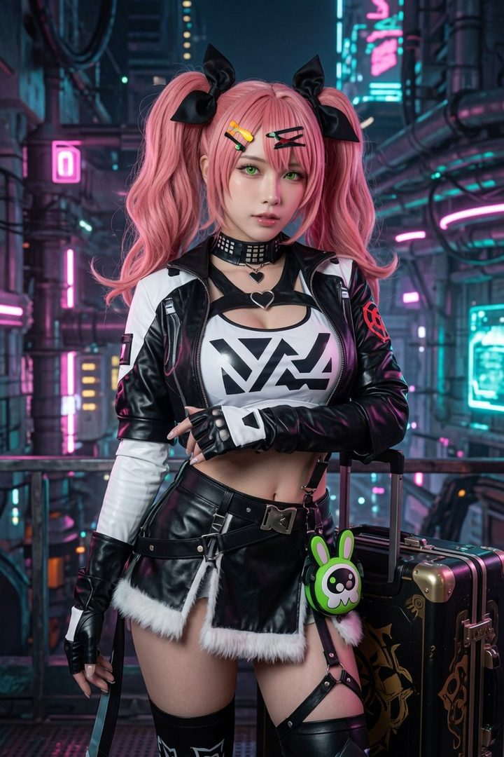 A photorealistic AI-generated image of a woman with pink twintails and a black and white outfit, standing in a futuristic city setting.