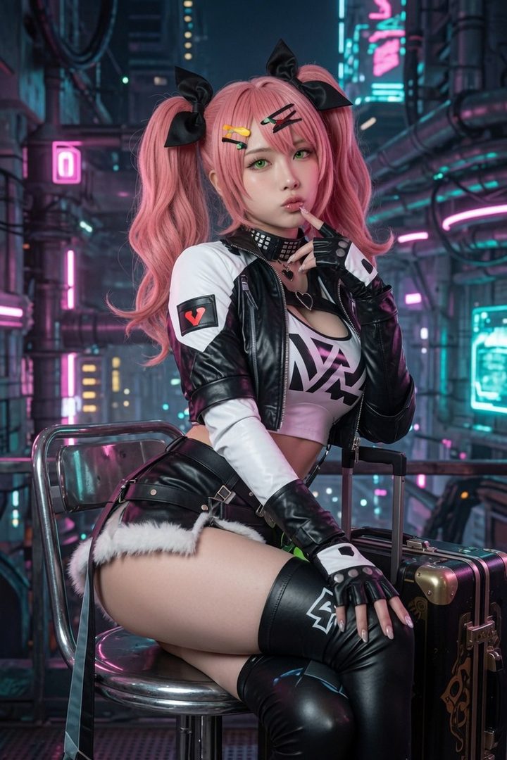 A photorealistic AI-generated image of a woman with pink twintails and a black and white outfit, sitting in a futuristic city setting.