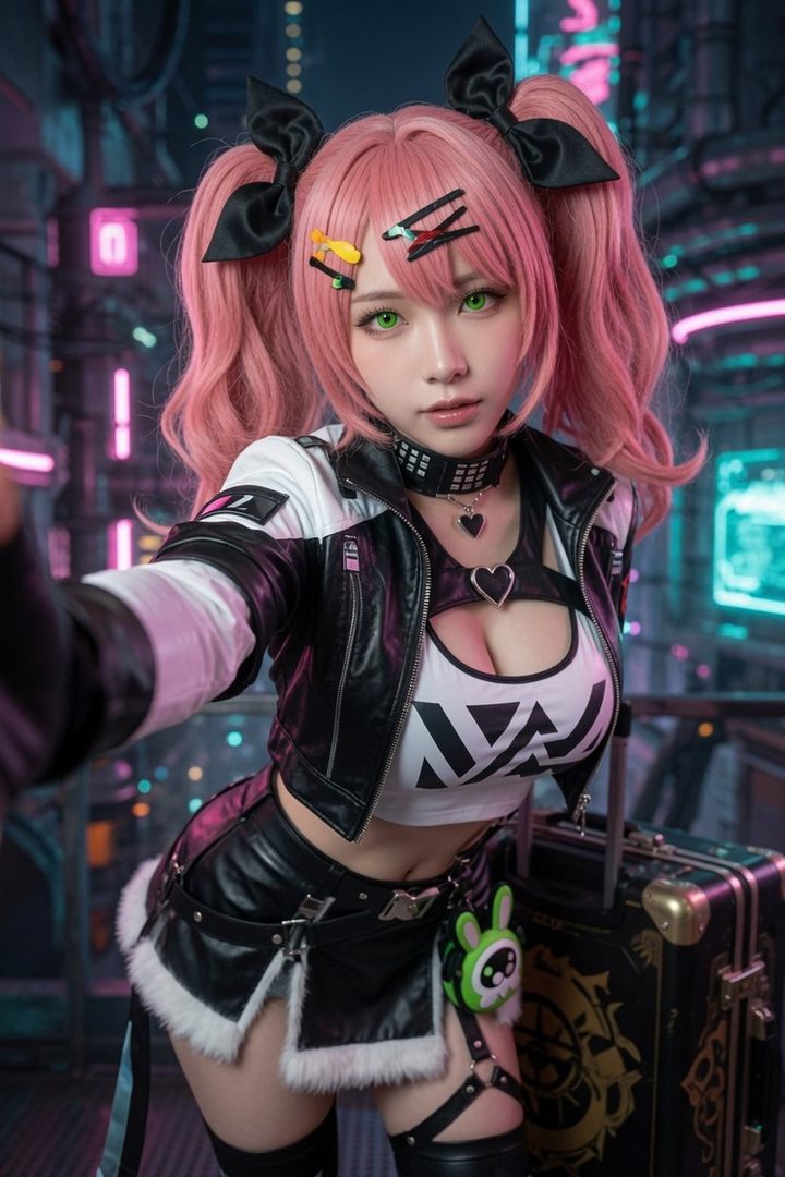 A woman with pink twintails and green eyes poses in a black and white outfit with a leather jacket and skirt, holding a selfie pose in a neon-lit city at night.