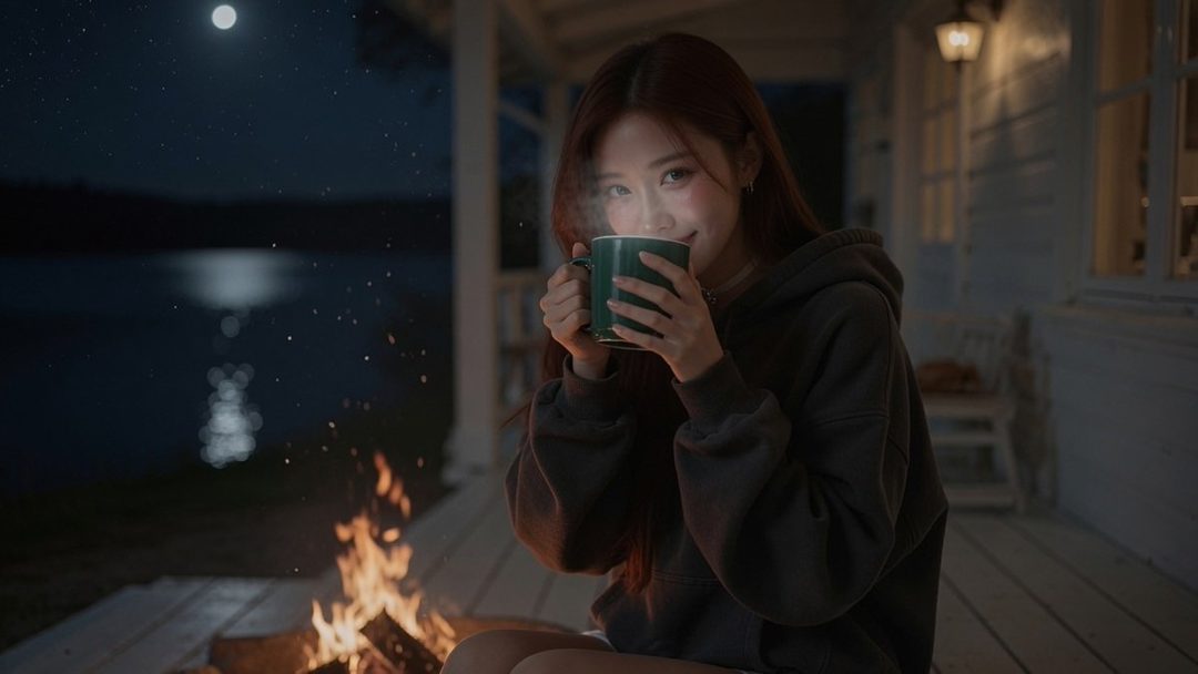 A young woman in a dark hoodie sits by a campfire at night, holding a steaming mug and smiling at the camera, with a lake and moon in the background.