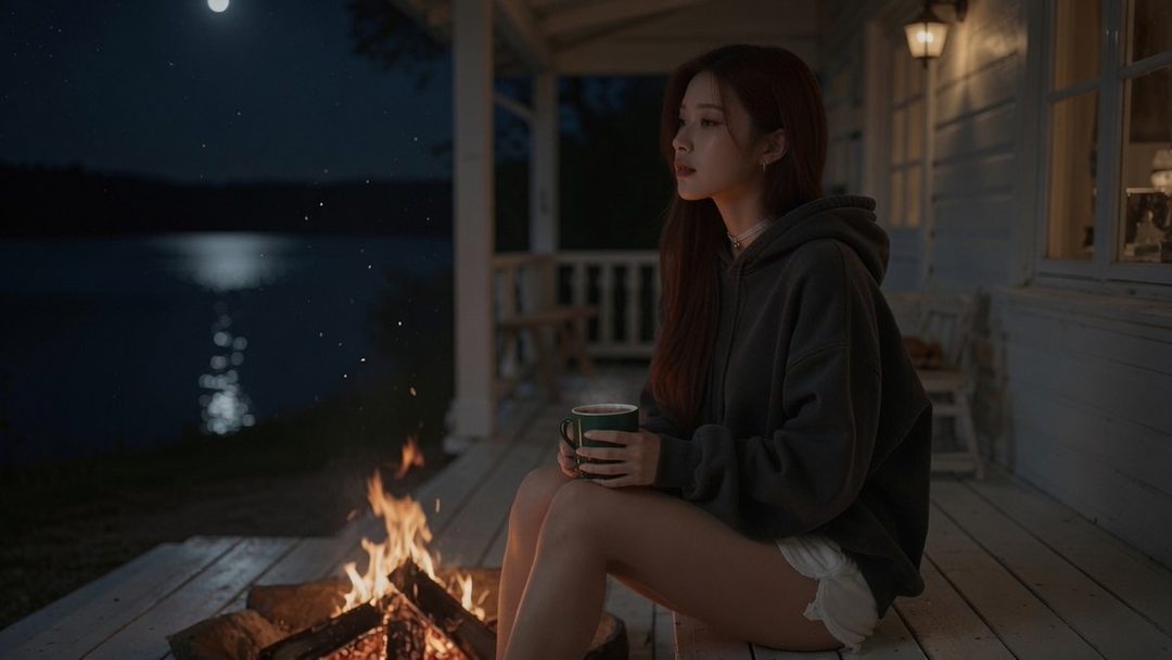 A woman in a dark hoodie sits by a campfire at night, holding a mug, with a lake and moon in the background.