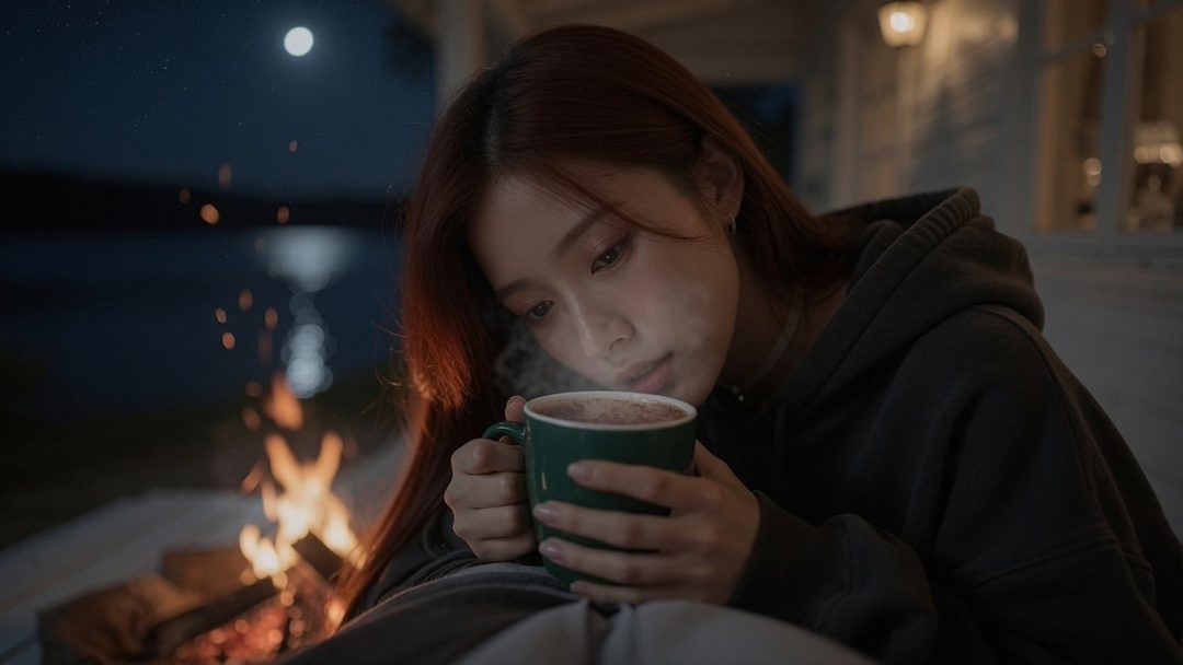 A young woman in a dark hoodie holds a steaming mug by a campfire at night, with a full moon visible in the background.