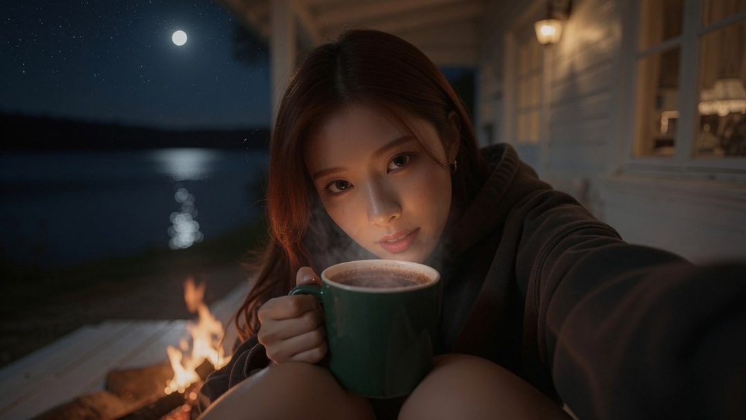 A young woman takes a selfie while holding a steaming mug by a campfire at night, with a lake and moon in the background.