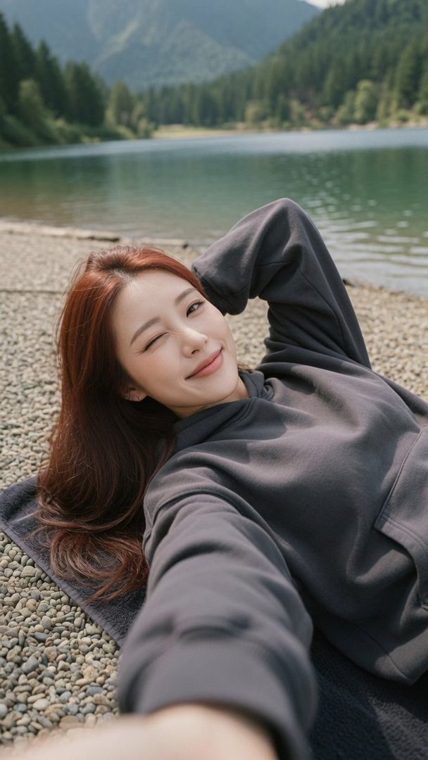 A young woman with red hair winks at the camera while lying on a rocky shore next to a lake with mountains in the background.