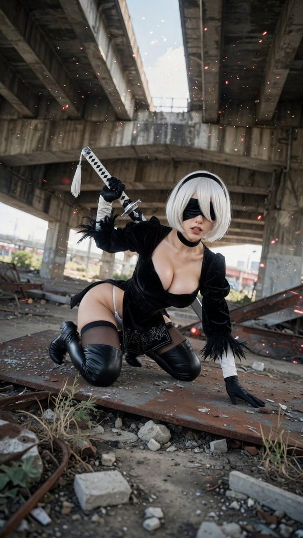 A woman cosplaying as 2B from Nier: Automata kneels in a ruined outdoor setting, holding a katana.
