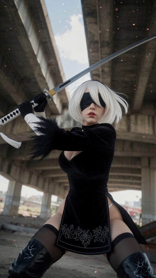 A photorealistic AI-generated image of a woman cosplaying as 2B from NieR: Automata, holding a katana under an overpass.