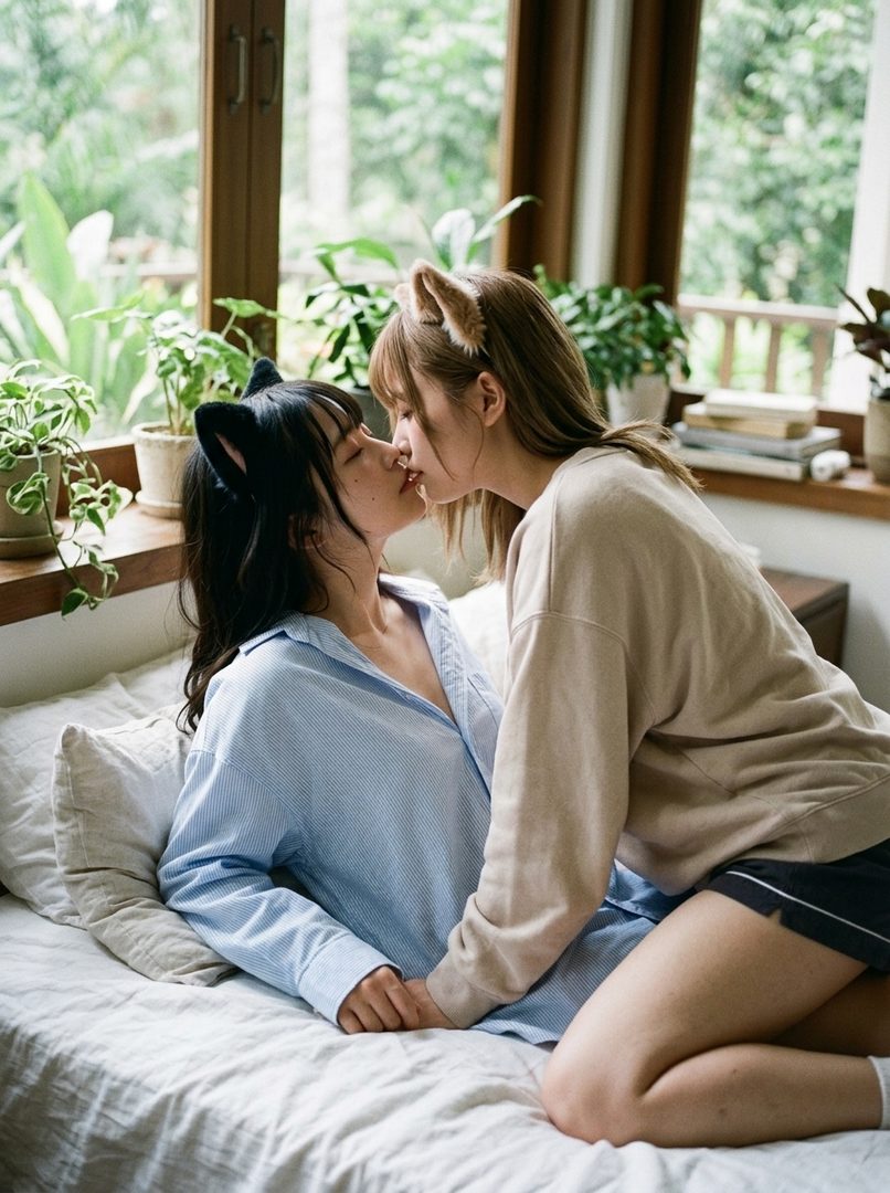 Two women wearing cat ears are kissing intimately on a bed in a sunlit room with plants.