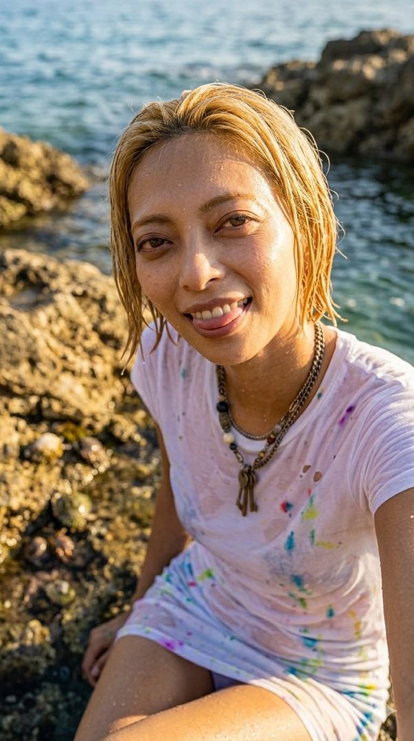 A playful woman with short blonde hair and a wet, paint-splattered white t-shirt sits on rocks by the ocean, sticking out her tongue.