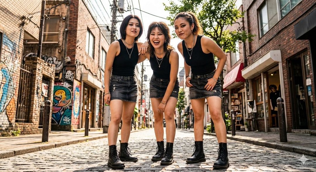 Three young women in black tank tops and denim skirts pose on a cobblestone street with graffiti-covered buildings in the background.
