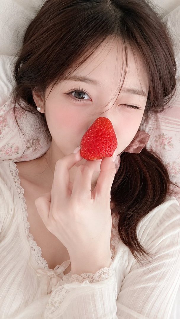 A cute East Asian woman with brown hair winks while holding a strawberry to her nose, wearing a white lace top.