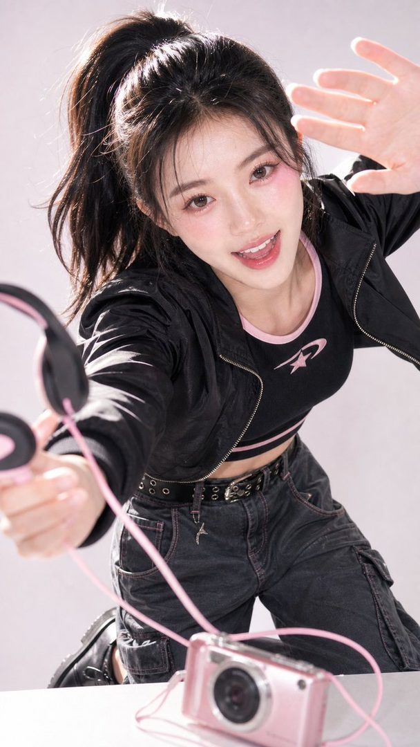 A young woman with a high ponytail, wearing a black crop top and jacket, holds pink headphones towards the camera in a studio setting.