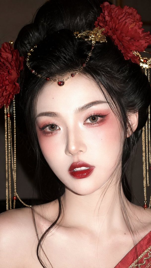 A close-up portrait of a woman with elaborate traditional East Asian makeup and hair adorned with red flowers and golden accessories.