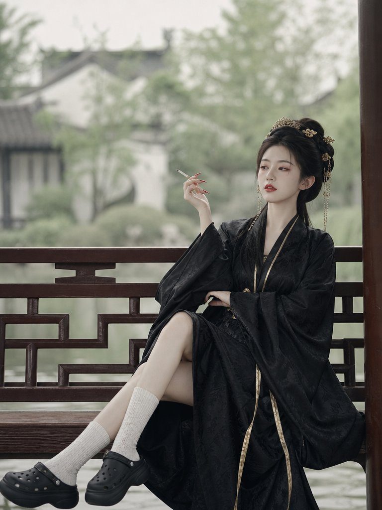 A woman in traditional East Asian attire with a modern twist, holding a cigarette, sits on a wooden bench outdoors.
