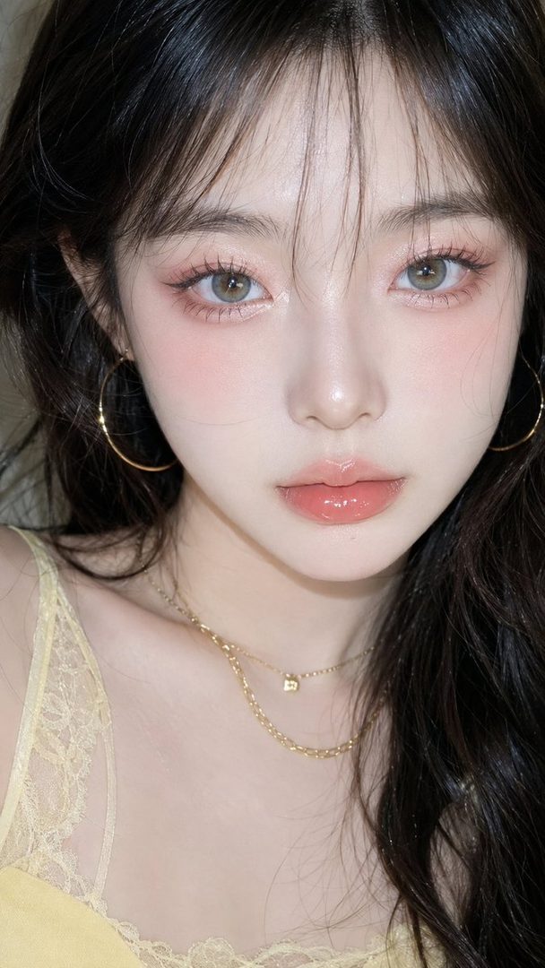 A close-up portrait of a woman with long dark hair and bangs, wearing a light yellow top and delicate gold jewelry, featuring soft pink makeup and glossy lips.