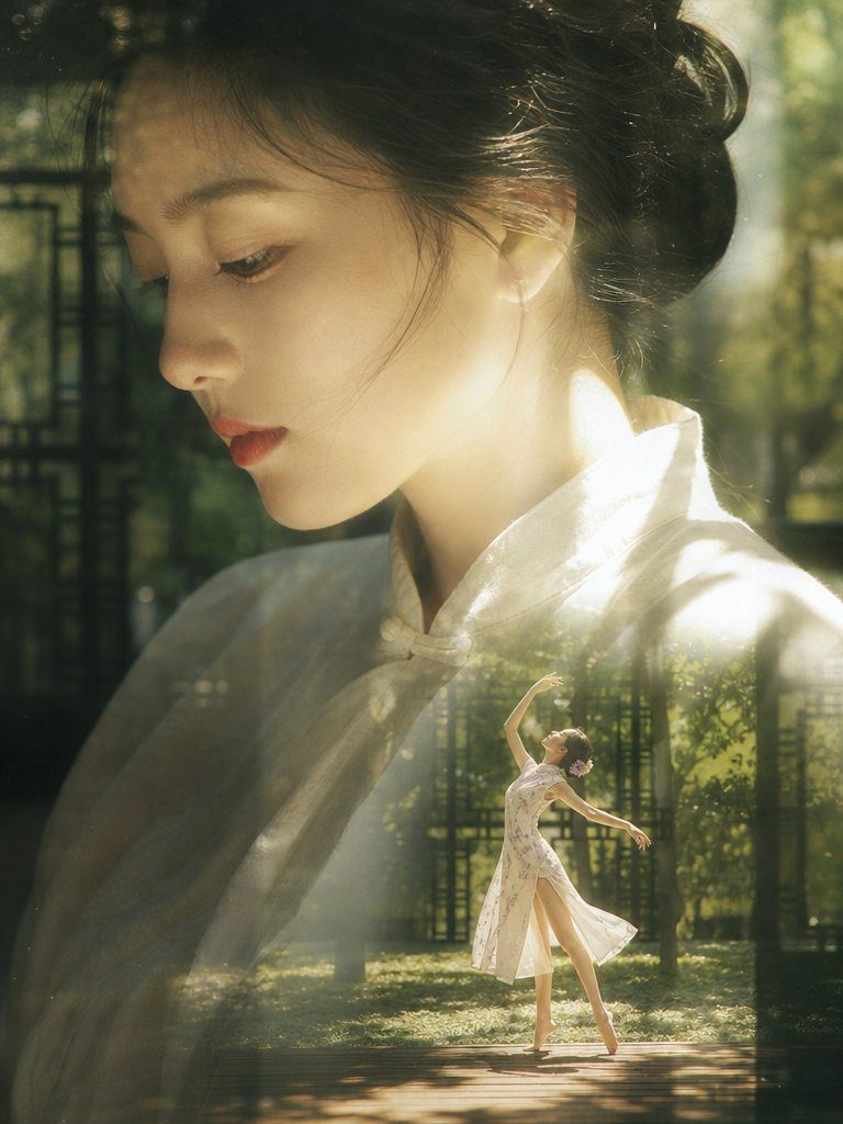 A photorealistic image of an East Asian woman in a traditional dress, with a double exposure effect showing her dancing in a garden.