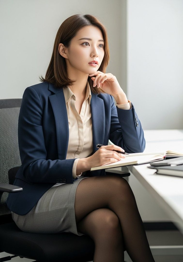 A professional-looking East Asian woman in a navy suit jacket and light-colored blouse sits at an office desk, holding a pen and notebook, looking thoughtfully to the side.