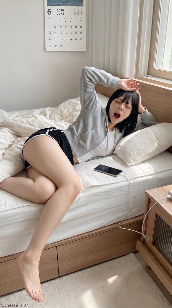A young woman with black bob hair is lying on a bed, stretching and yawning, wearing a grey hoodie and black shorts, with a calendar on the wall and a smartphone charging nearby.
