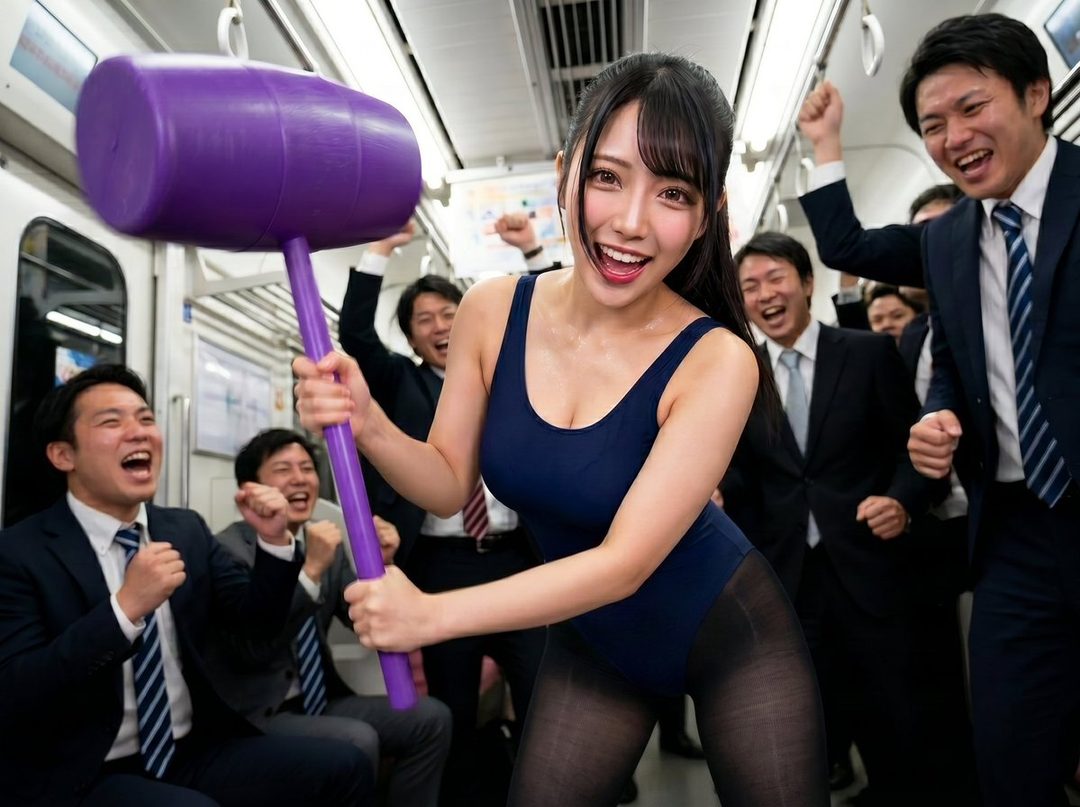 A Japanese woman in a navy swimsuit and black tights holds a large purple hammer on a crowded train, surrounded by cheering businessmen.
