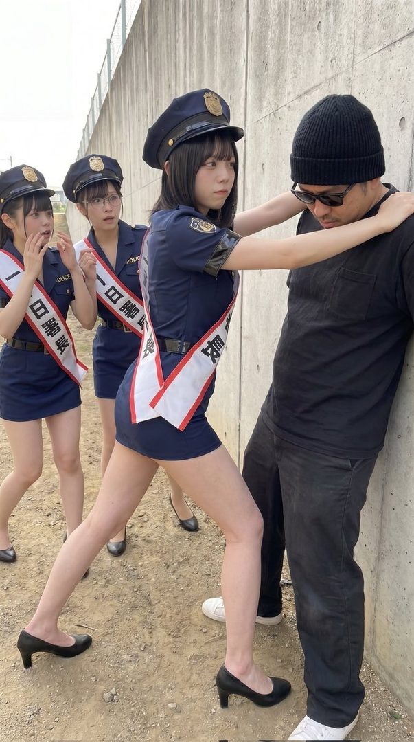 Three women in short police uniforms and hats are playfully interacting with a man against a concrete wall, with one woman pressing him against it.