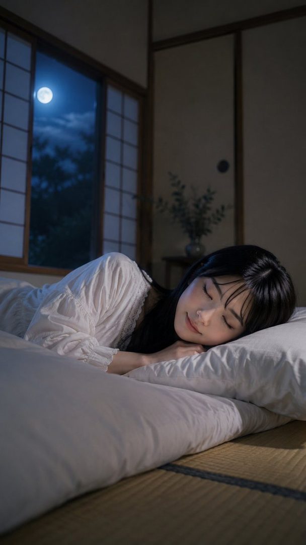 A young woman with black hair sleeps peacefully on a futon in a traditional Japanese room, with a full moon visible through the window.