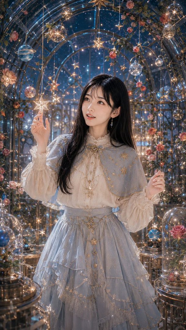 A young woman with long black hair in a light blue and white dress stands in a magical, star-filled indoor setting, holding a glowing star.