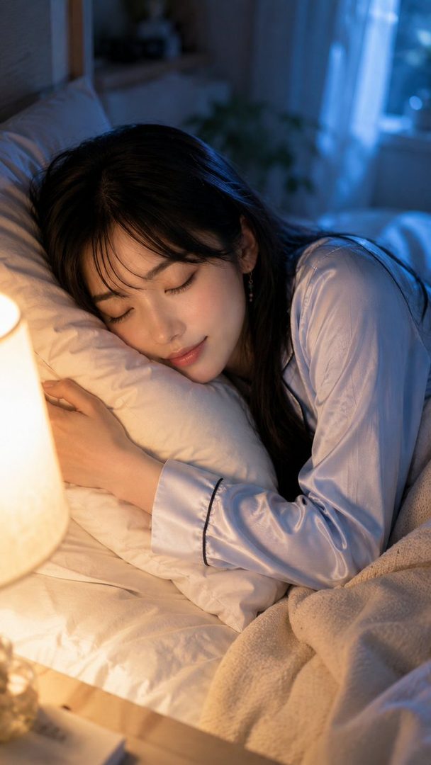 A young woman with black hair and bangs is sleeping peacefully in bed, illuminated by a warm bedside lamp.